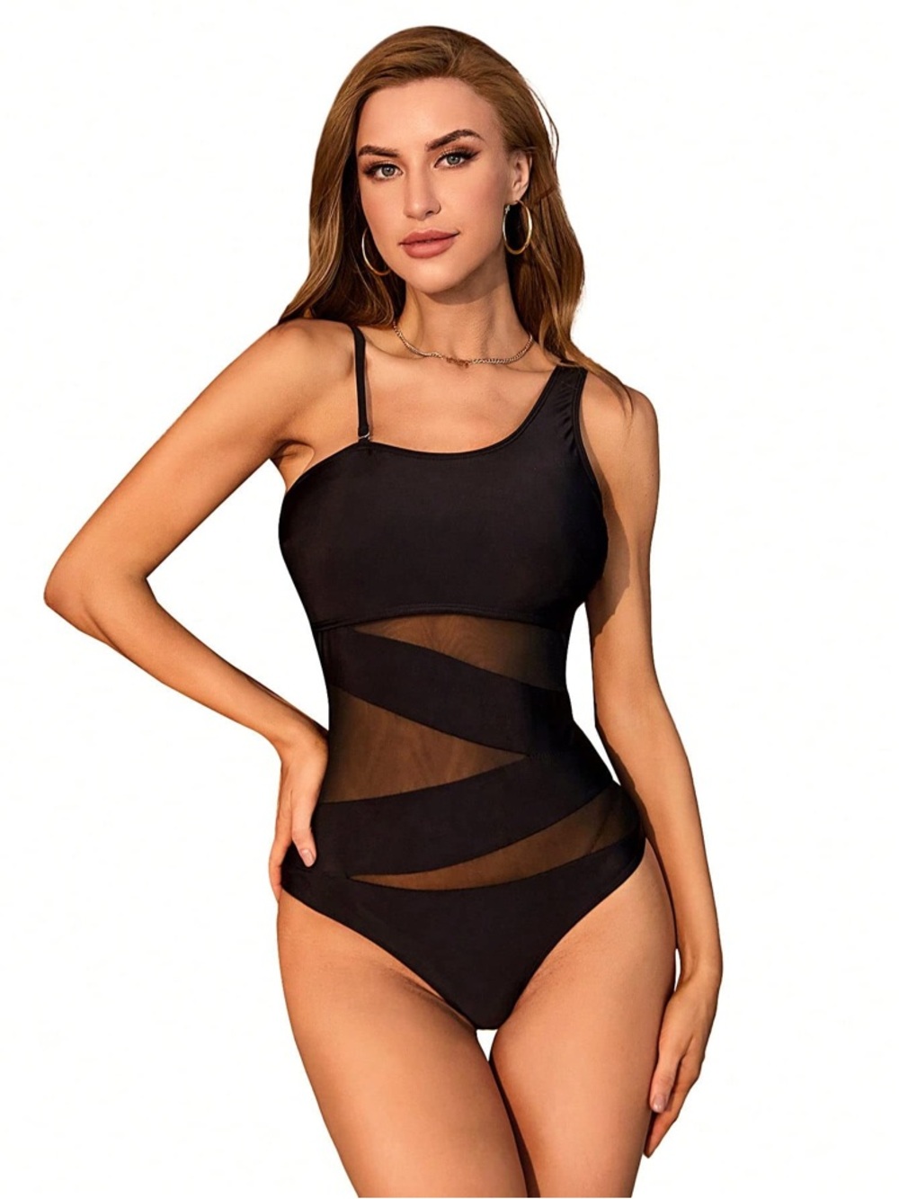 WDIRARA One Piece Swimsuit Women’s Size L Black Sexy Mesh